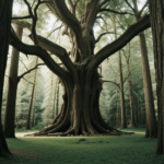 A serene view of an enchanted forest with a giant tree, evoking a sense of peace and wonder.