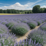 Vibrant lavender blooms bask in sunlight under a vast blue sky, offering tranquility.