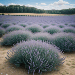 The tranquil landscape of lavender blooms contrasts the clear, blue sky above.