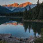 A serene mountain lake reflecting the vibrant colors of sunrise, surrounded by majestic peaks.