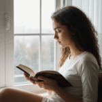 A tranquil reading experience by the window, featuring a young woman lost in a book.