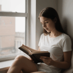 Serene reading space showcasing a woman immersed in her book by a window.