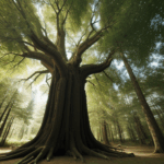 A tranquil scene in the forest, where a giant tree stands as a symbol of serenity and peace.