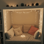Soft glowing lights from fairy lights enhancing a cozy reading nook.