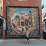 A street artist passionately in action, painting a large-scale mural on a city wall.