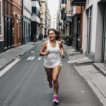 Determined girl jogging through lively cityscape, capturing the essence of street running.