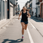 City runner girl making her way through streets, inspired by the urban environment.