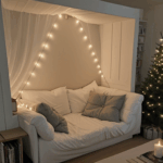 A stylish reading nook with decorative fairy lights for a cozy atmosphere.