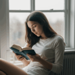 Sunlight fills a reading corner, highlighting a woman absorbed in her book.