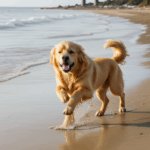 Golden retriever basking in the sun on the beach, surrounded by sea and sand.