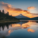 Sunrise casting a warm glow over a peaceful mountain lake.