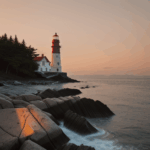 The horizon glows with sunset colors as a lighthouse stands on a rocky shore.