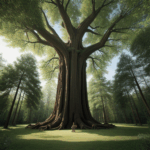 A breathtaking view of a giant tree in the heart of an enchanted forest, bathed in sunlight.