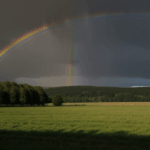 A tranquil countryside is brought to life by the vibrant colors of a rainbow, arching gracefully across the sky.