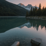 Tranquil dawn scene featuring a calm mountain lake with sunrise hues in the sky.