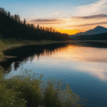 Tranquil view of a mountain lake at sunrise.