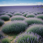 A peaceful lavender field lies beneath a bright blue sky, inviting relaxation.