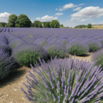 A tranquil lavender field extends to the horizon beneath a pristine blue sky.