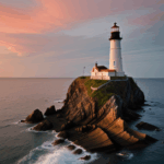 A tranquil evening scene with a lighthouse and sunset over a rocky coast.