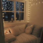 A tranquil nook with fairy lights and books, perfect for a relaxing escape.