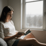 Tranquil reading moment captured as a woman reads by the window.
