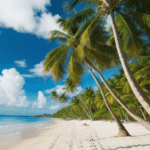 A perfect tropical vacation spot with palm trees and a sunny beach.