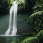 A hidden tropical oasis with a waterfall surrounded by dense jungle vegetation and vibrant greenery.