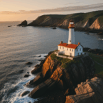 Twilight descends on a lighthouse and rocky coastline, bathed in sunset hues.