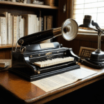 A typewriter and wooden desk pairing, showcasing a blend of history and style.