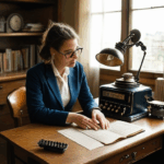 A typewriter on a rustic table, offering a tactile connection to historical writing.