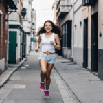 Girl on a run, immersing herself in the dynamic energy of urban street life.