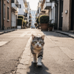 An urban cat on the move, exploring the intricate maze of city streets with fearless curiosity.
