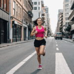 Fitness enthusiast girl enjoying a vibrant run in urban surroundings, full of energy.