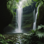 A peaceful retreat featuring a waterfall nestled within a lush green jungle landscape.