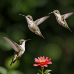 Close-up of a vibrant flower with a hummingbird sipping nectar, capturing a moment of natural beauty.