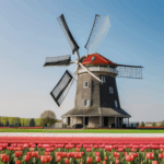 Expansive view of a tulip field with a classic windmill in the background, highlighting the vibrant colors of spring blooms.