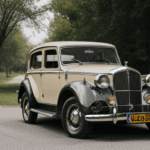 A vintage car parked on a picturesque country road with lush greenery.