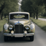 A stunning vintage car cruising gracefully down a peaceful country road, capturing the essence of classic automotive elegance.