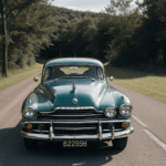 A vintage car parked elegantly on a serene country road, showcasing timeless automotive design amidst a peaceful rural backdrop.