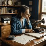 A vintage office typewriter, harmonizing with the wooden desk's classic aesthetics.