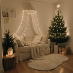 Warm ambient lighting from fairy lights illuminating a cozy corner perfect for reading.