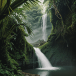 A hidden jungle hideaway with a waterfall, offering a serene escape from the world.