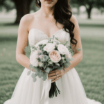 Wedding day charm captured with a smiling bride and her bouquet.