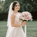 Wedding romance captured with a bride holding a bouquet.