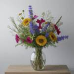 Charming bouquet of wildflowers in a vase, creating a lively and inviting home atmosphere.