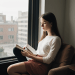 Window seat perfect for reading, occupied by a woman engrossed in her book.