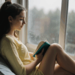 Woman seated by a window, deeply engrossed in a book, sunlight creating a warm ambiance.