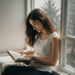 Woman deeply engaged with her book, sitting comfortably by a window.