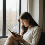 Woman enjoying her book, creating a serene atmosphere by the window.