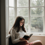 Woman enjoying the warm sunlight as she reads a captivating novel by the window.
